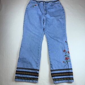 Bill Blass Jeans Womens 14 Light Wash Floral Embroidered Rose Straight Leg Denim